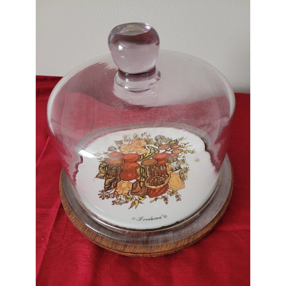 Vintage Goodwood Genuine Teak Wood Cheese Board Tray with Glass Dome Cloche Lid